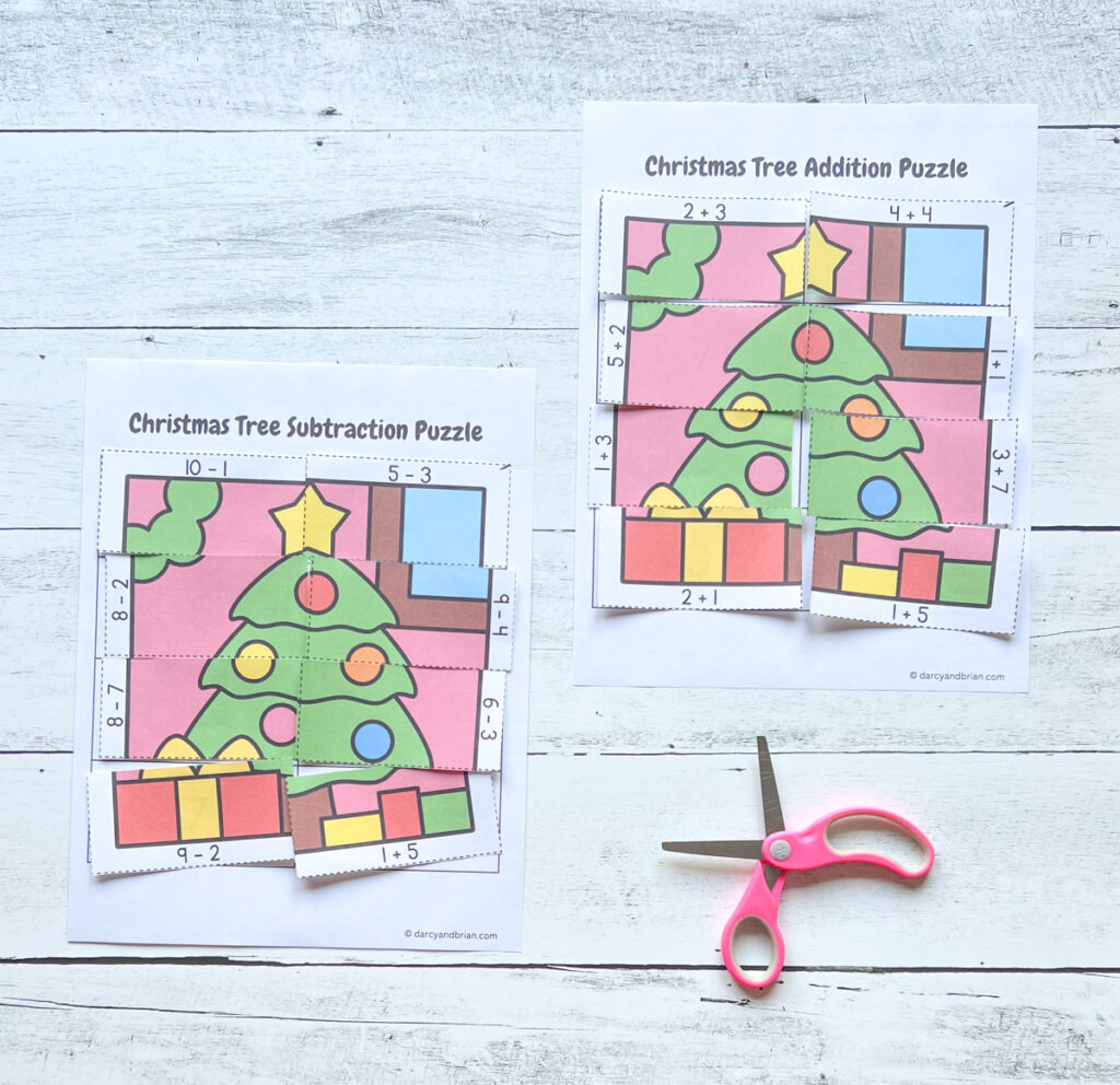 There are 2 pages of finished work for Christmas Tree Puzzle with scissors placed in a black and white background.