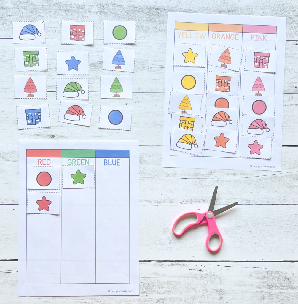 Two pages of printable with the colors Red, Green, Blue, Yellow, Orange, and pink, where they will paste the Christmas-themed objects cut out.