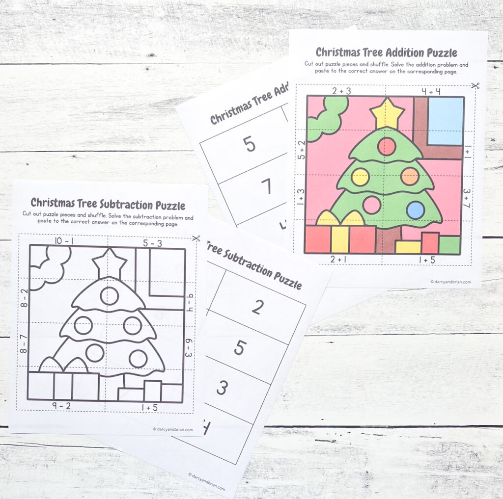 It has 4 pages of printable that includes the addition and subtraction of number with Christmas themed puzzle placed in a black and white wood background.