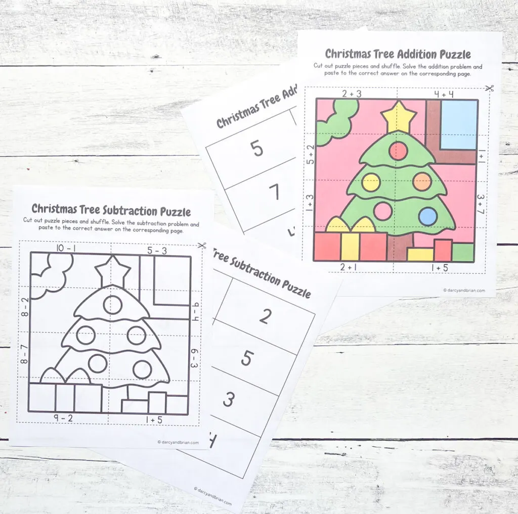 It has 4 pages of printable that includes the addition and subtraction of number with Christmas themed puzzle placed in a black and white wood background.