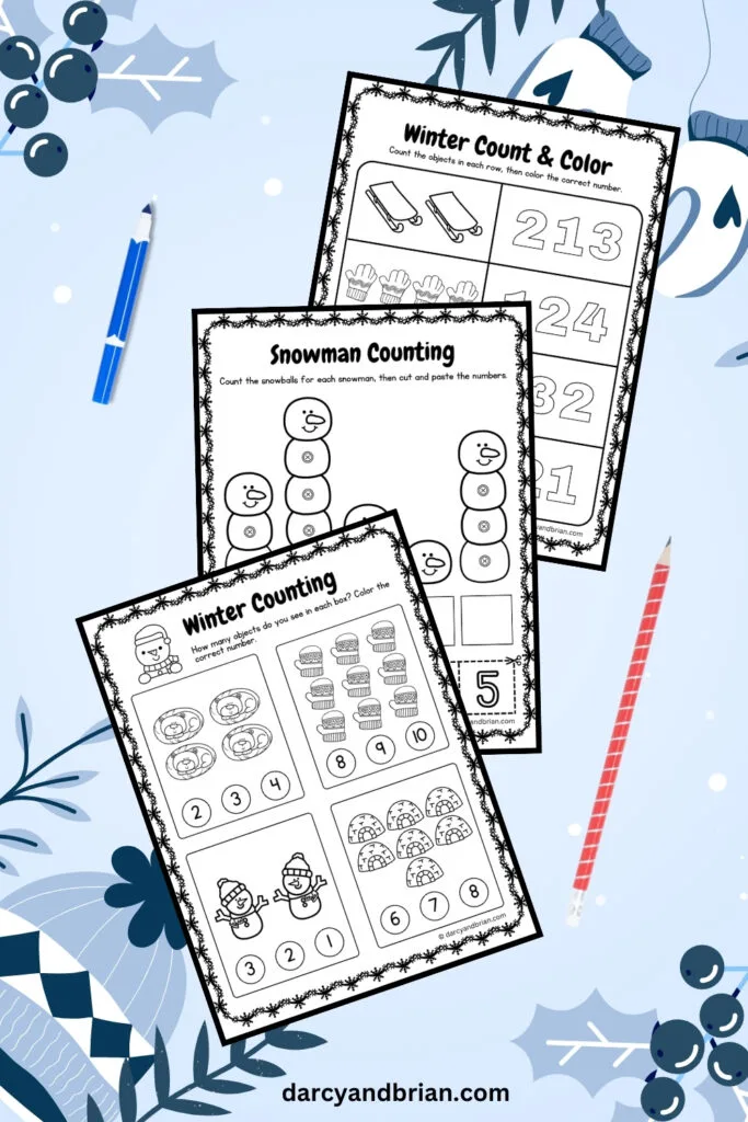 There are 3 pages of counting items with a pencil and blue marker placed in a snowy background with winter objects.