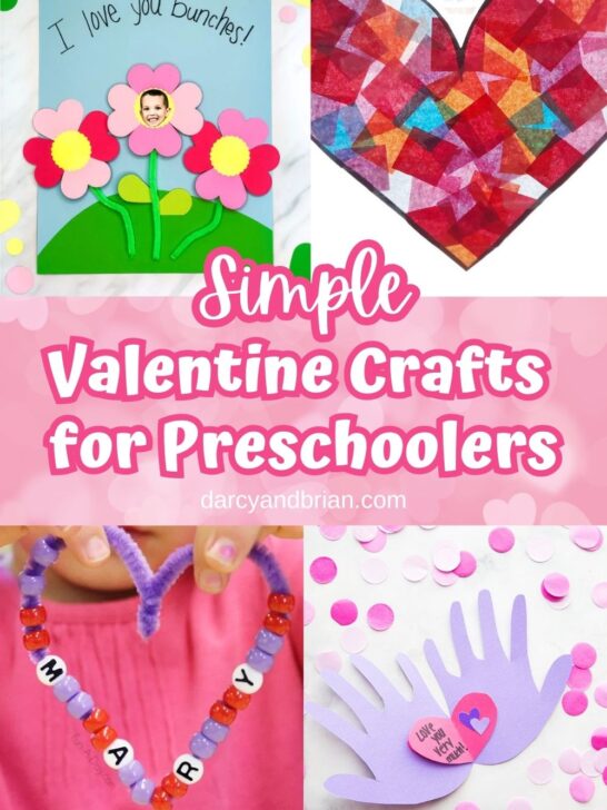 Collage of for different craft projects that young children can easily make such as a tissue paper heart suncatcher and a beaded necklace. White text on light pink in the middle says Simple Valentine Crafts for Preschoolers.