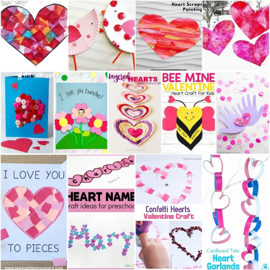 Square collage of a dozen different easy Valentine's Day themed craft projects for little kids.