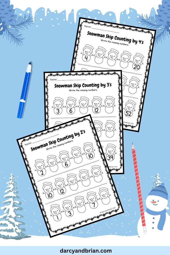 There are three pages of skip counting by 2's, 3's, and 4's with a marker and pencil placed in a snowy background.