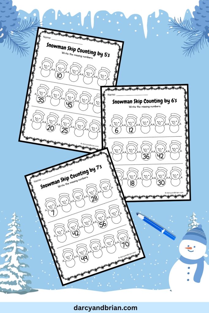 There are three pages of skip counting by 5's, 6's, and 7's featuring snowmen with a marker placed in a snowy background.