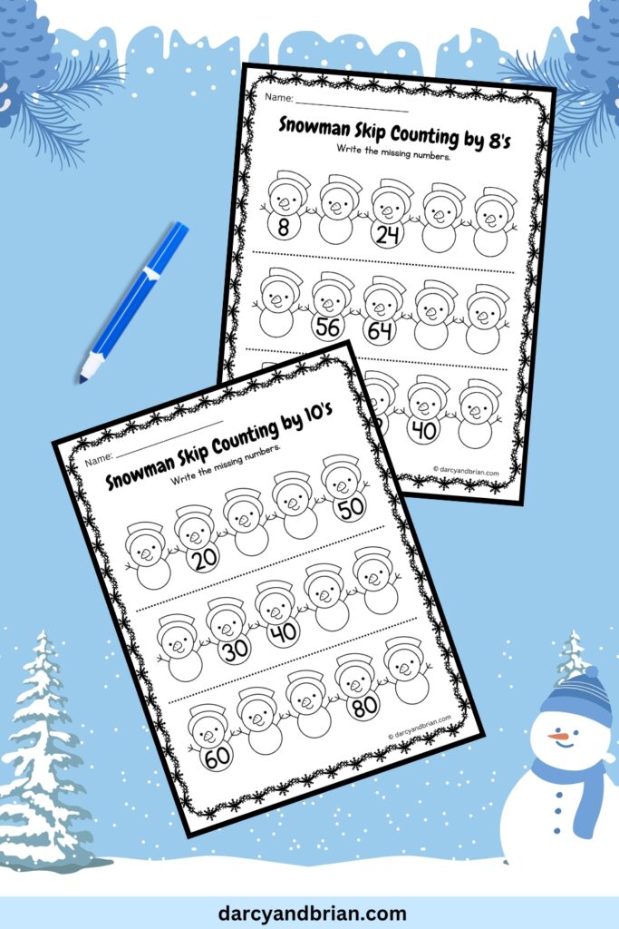 There are two pages of snowman-themed skip counting by 8's and 10's with a marker placed in a snowy background.