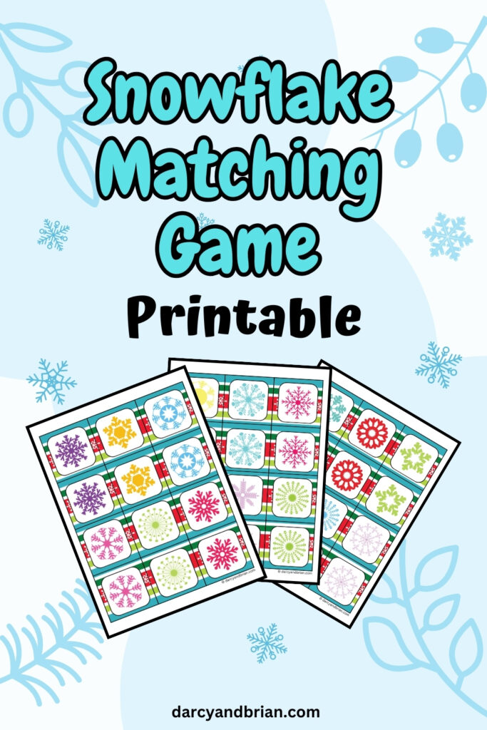 There are three pages of snowflake themed matching game cards in a snowy background.