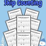 There are 8 pages of Snowman Skip Counting printables placed in a snowy background with snowman and snowy tree.