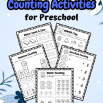 There are 5 pages of winter counting activities for preschool, placed in a snowy background with winter decors.