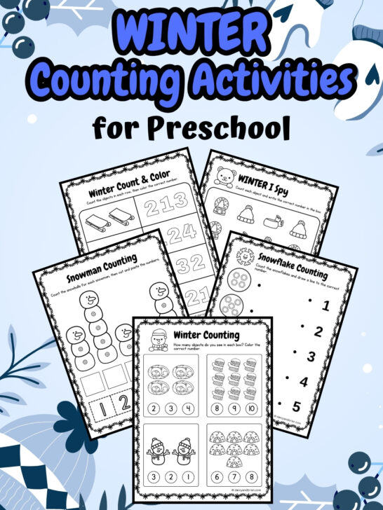 There are 5 pages of winter counting activities for preschool, placed in a snowy background with winter decors.